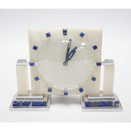 332 - An Art Deco Smiths onyx and lapis lazuli mantel clock, 21.5cm wide