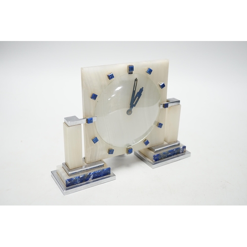 332 - An Art Deco Smiths onyx and lapis lazuli mantel clock, 21.5cm wide