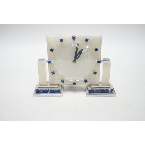 332 - An Art Deco Smiths onyx and lapis lazuli mantel clock, 21.5cm wide