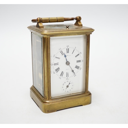 335 - A French brass repeating carriage clock with alarm dial, 13cm