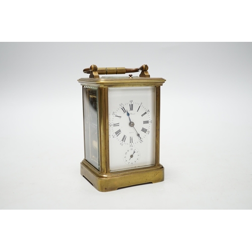 335 - A French brass repeating carriage clock with alarm dial, 13cm