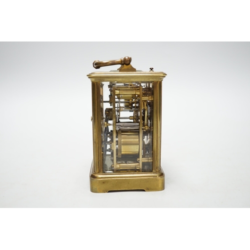 335 - A French brass repeating carriage clock with alarm dial, 13cm