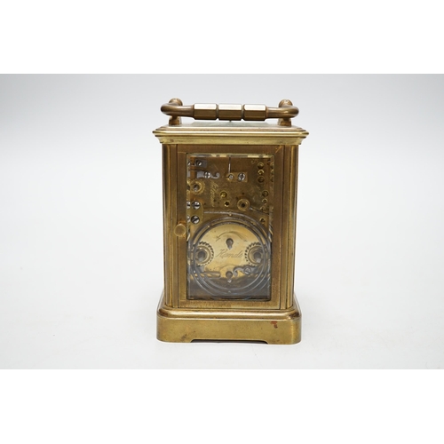 335 - A French brass repeating carriage clock with alarm dial, 13cm