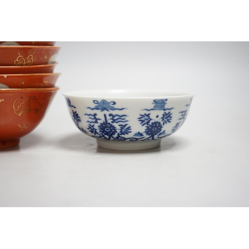 339 - Five Chinese coral ground bowls and a blue and white bowl, 13cm (6)