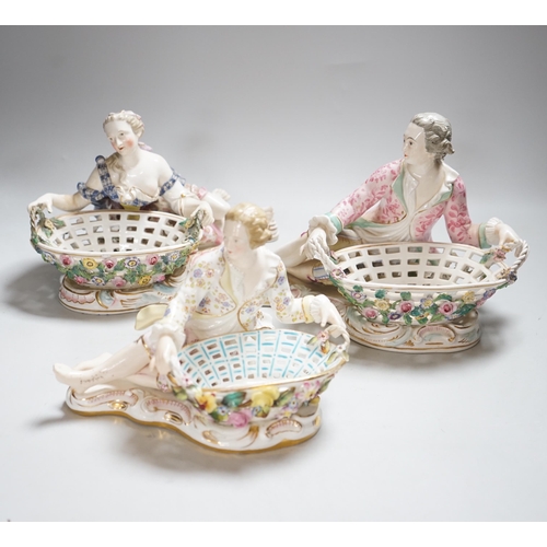 341 - Three English porcelain Meissen style figural baskets, highest 18cm