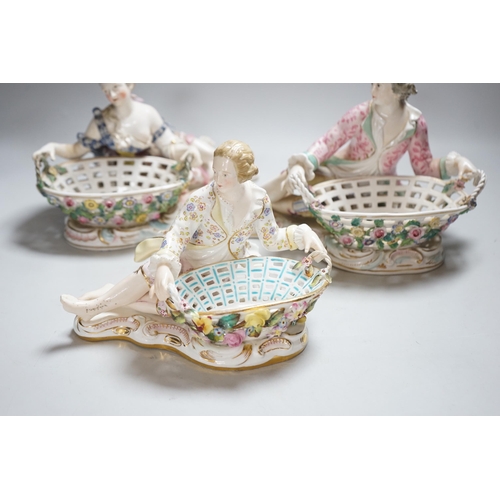 341 - Three English porcelain Meissen style figural baskets, highest 18cm