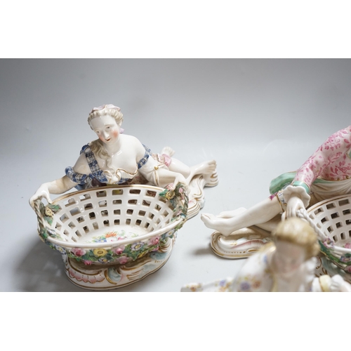 341 - Three English porcelain Meissen style figural baskets, highest 18cm