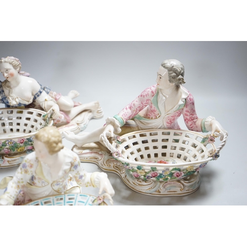 341 - Three English porcelain Meissen style figural baskets, highest 18cm