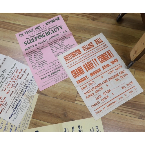 362 - Eight unframed 1940s posters, promoting performances at Rustington Village Hall, including; Grand Va... 