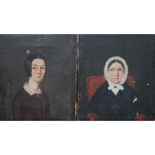 670 - 19th century English School, pair of oils on canvas, portraits of two ladies wearing mid Victorian d... 