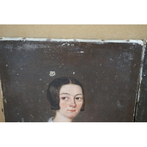 670 - 19th century English School, pair of oils on canvas, portraits of two ladies wearing mid Victorian d... 