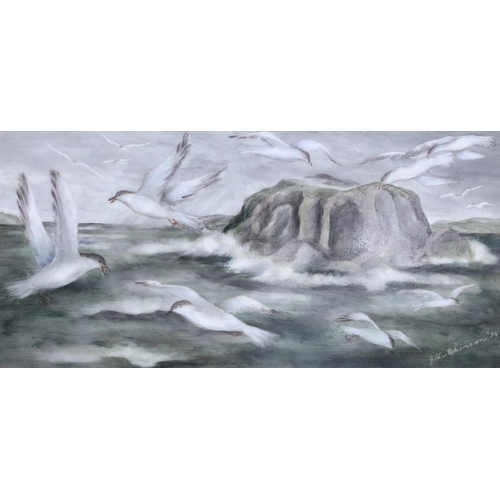 676 - G. Hutchinson, ceramic painted tile, Seagulls above watercolour, signed and dated '81, New South Wal... 