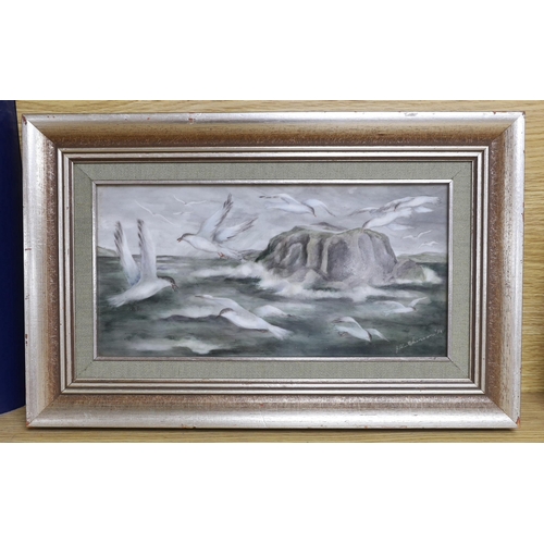 676 - G. Hutchinson, ceramic painted tile, Seagulls above watercolour, signed and dated '81, New South Wal... 