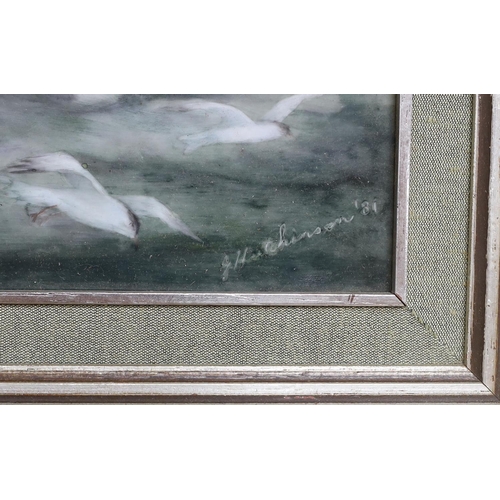 676 - G. Hutchinson, ceramic painted tile, Seagulls above watercolour, signed and dated '81, New South Wal... 