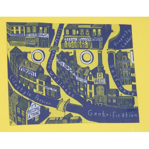 678 - Grayson Perry (b.1960), colour print on fabric, 'Gentrifcation Cloth', 18.5 x 15cm