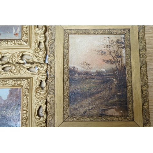 682 - Two pairs of oils on board, comprising rural landscapes and Continental landscapes including Chateau... 