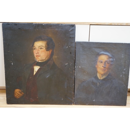 683 - Victorian School, two oils on canvas, head and shoulder portraits of gentleman wearing cravats, larg... 