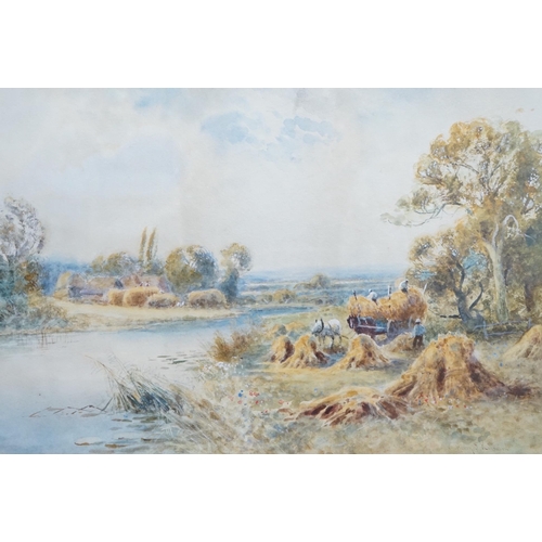 689 - Henry John Kinnaird (fl.1880-1920), River landscape with hayricks, signed, details verso, 50 x 35cm... 