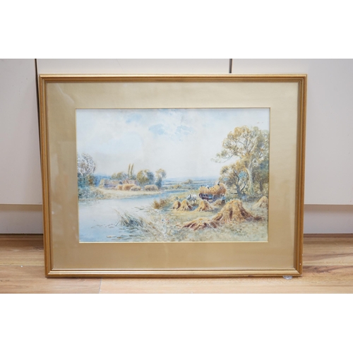 689 - Henry John Kinnaird (fl.1880-1920), River landscape with hayricks, signed, details verso, 50 x 35cm... 