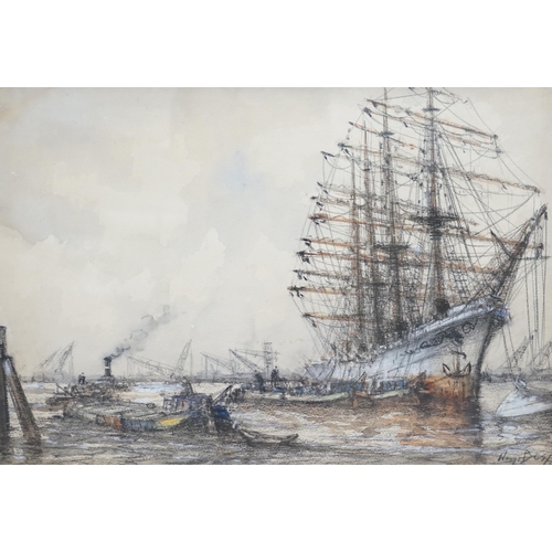 690 - Early 20th century, heightened charcoal and mixed media, Moored ship and boats, indistinctly signed,... 