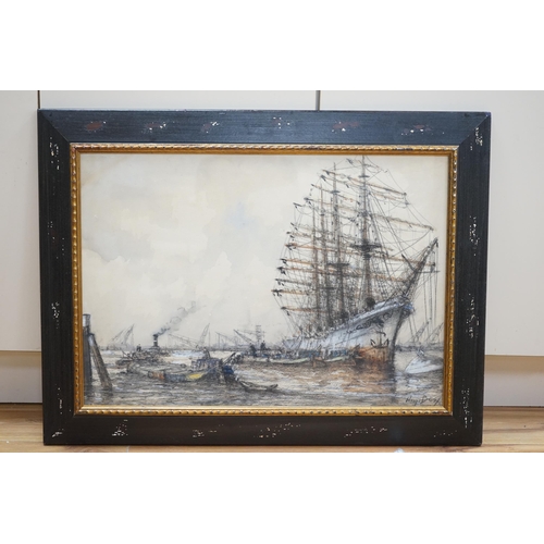 690 - Early 20th century, heightened charcoal and mixed media, Moored ship and boats, indistinctly signed,... 