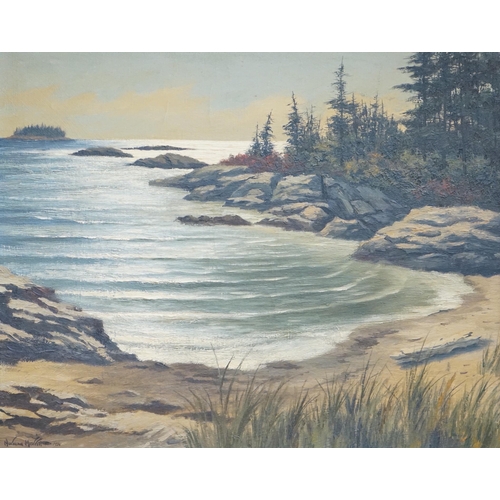 691 - Norman Merritt (Canadian 1916-1994), oil on canvas, 'Sunlit sea, Pratt's Island, Maine', signed and ... 