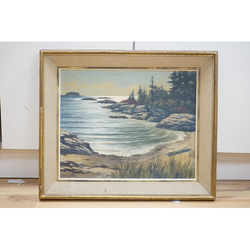 691 - Norman Merritt (Canadian 1916-1994), oil on canvas, 'Sunlit sea, Pratt's Island, Maine', signed and ... 