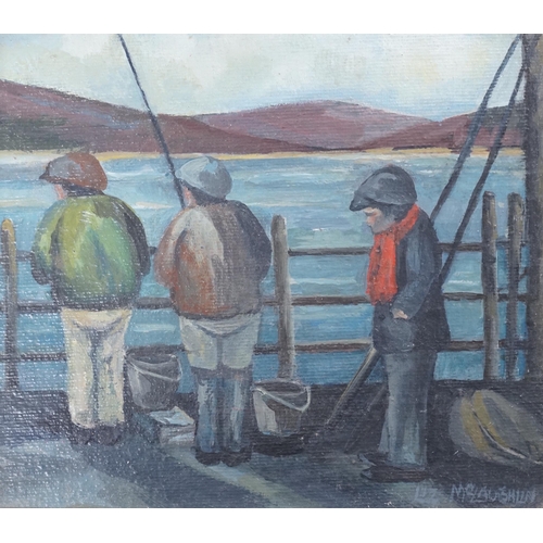 692 - Liz McLoughlin (Contemporary), oil on board, Anglers on a pier, signed, 15 x 17cm