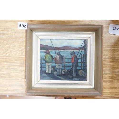 692 - Liz McLoughlin (Contemporary), oil on board, Anglers on a pier, signed, 15 x 17cm