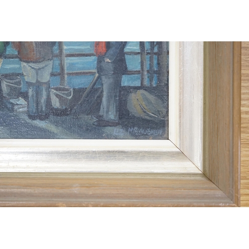 692 - Liz McLoughlin (Contemporary), oil on board, Anglers on a pier, signed, 15 x 17cm