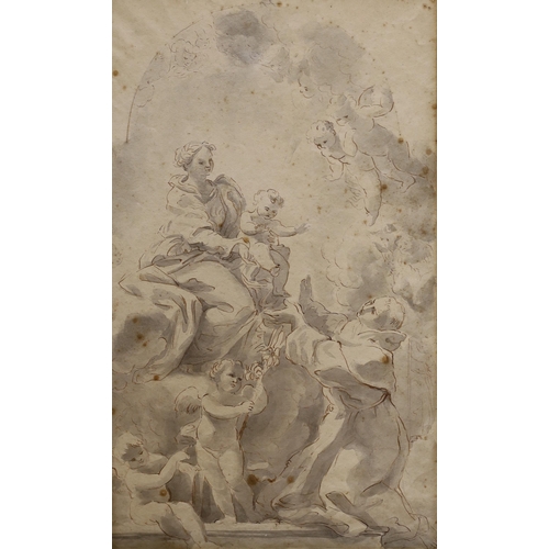 694 - After Giovanni Batista Gaulli (1639-1709), pen, ink and grey wash, The Holy Family and amorini, 36 x... 