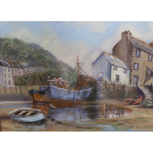 697 - Seven various watercolours, pastels, prints and an oil, one by Kay Riley and titled 'Low Tide, Polpe... 