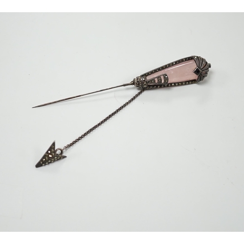 2045 - A 1920's rose quartz and marcasite set jabot? pin, 12.3cm.