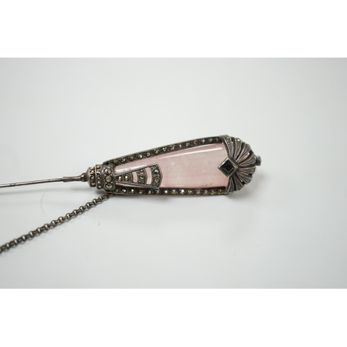 2045 - A 1920's rose quartz and marcasite set jabot? pin, 12.3cm.