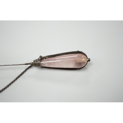 2045 - A 1920's rose quartz and marcasite set jabot? pin, 12.3cm.