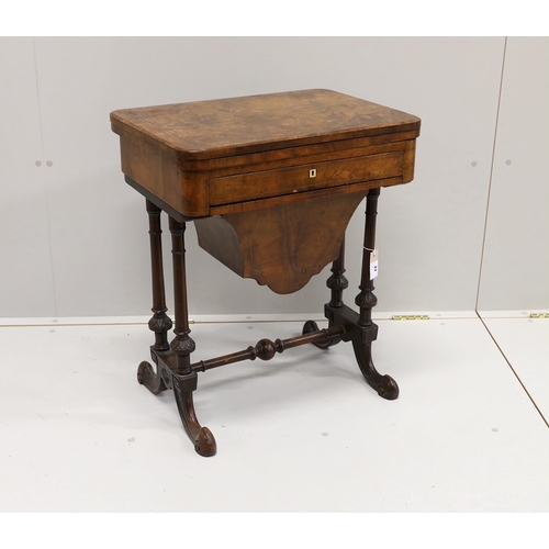 27 - A Victorian figured walnut rectangular sewing / games table, width 58cm, depth 41cm, height 69cm... 