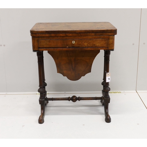 27 - A Victorian figured walnut rectangular sewing / games table, width 58cm, depth 41cm, height 69cm... 