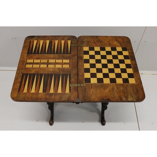 27 - A Victorian figured walnut rectangular sewing / games table, width 58cm, depth 41cm, height 69cm... 