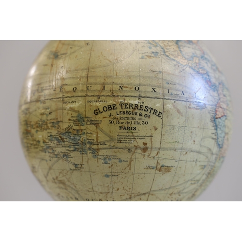 287 - A 19th century 12 inch French globe, Globe Terrestre published by J. Lebegue & Cie., Paris, on ebo... 