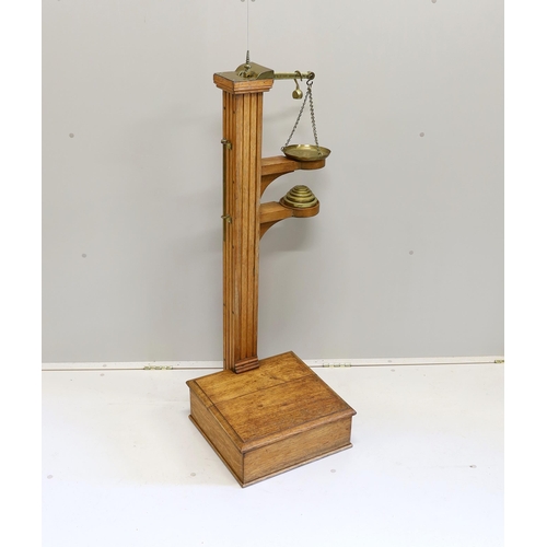 291 - A Youngs of Bear St. London Victorian brass mounted oak personal weighing scales with incorporated h... 