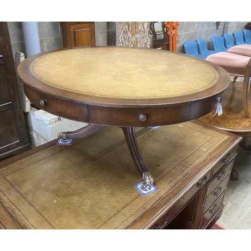 30 - A reproduction mahogany circular drum coffee table, diameter 110cm, height 54cm