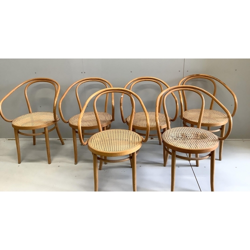 33 - Six cane seat bentwood elbow chairs, width 58cm, depth 47cm, height 85cm