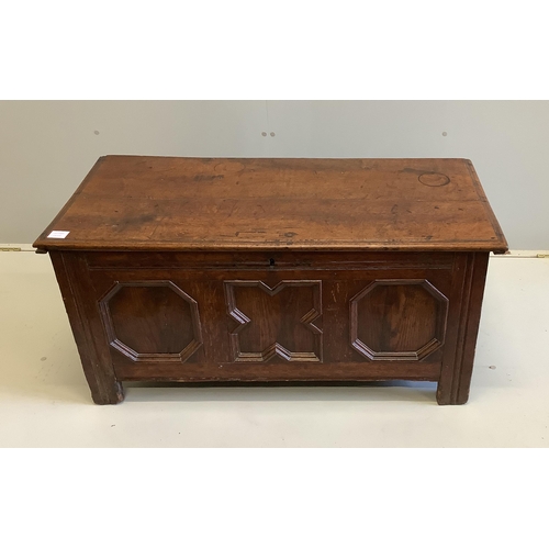 42 - A small 17th century oak coffer with moulded geometric panelled front, width 108cm, depth 49cm, heig... 