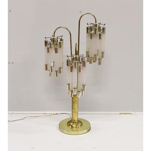 43 - A contemporary brass and perspex three branch table lamp, height 91cm