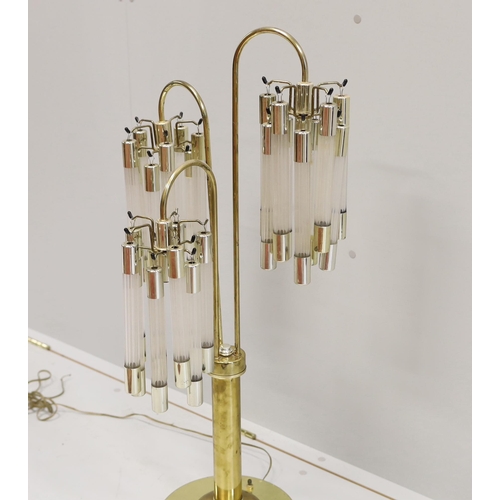 43 - A contemporary brass and perspex three branch table lamp, height 91cm