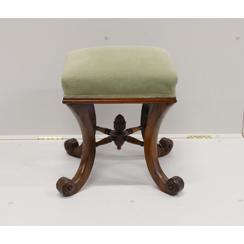 49 - A Victorian rosewood dressing stool on scrolled supports, width 46cm, height 48cm