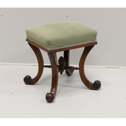 49 - A Victorian rosewood dressing stool on scrolled supports, width 46cm, height 48cm