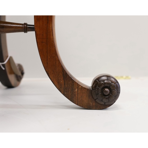 49 - A Victorian rosewood dressing stool on scrolled supports, width 46cm, height 48cm