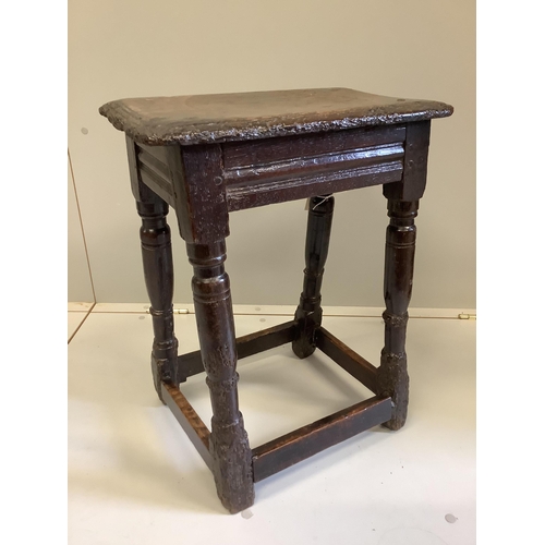 52 - A 17th century oak joint stool, width 45cm, depth 27cm, height 57cm