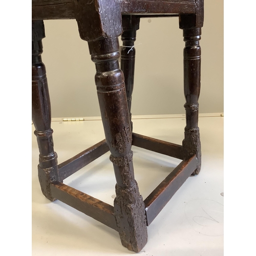 52 - A 17th century oak joint stool, width 45cm, depth 27cm, height 57cm